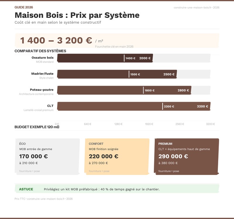 Infographie comparant les avantages et inconvénients d'une maison bois selon le système constructif en 2026