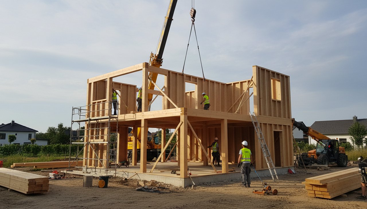 Chantier de construction ossature bois R+1, structure bois du premier étage en cours de levage