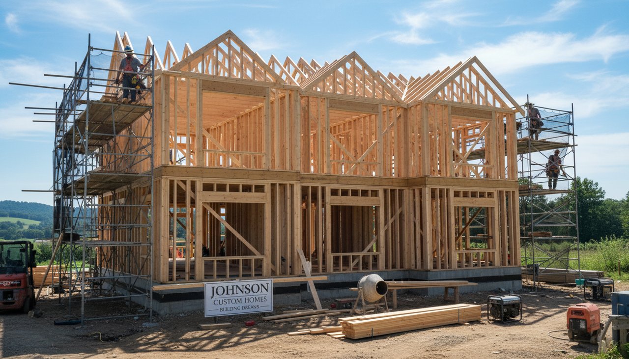 Coupe architecturale d'une maison bois R+1 montrant la structure à deux niveaux et les espaces intérieurs