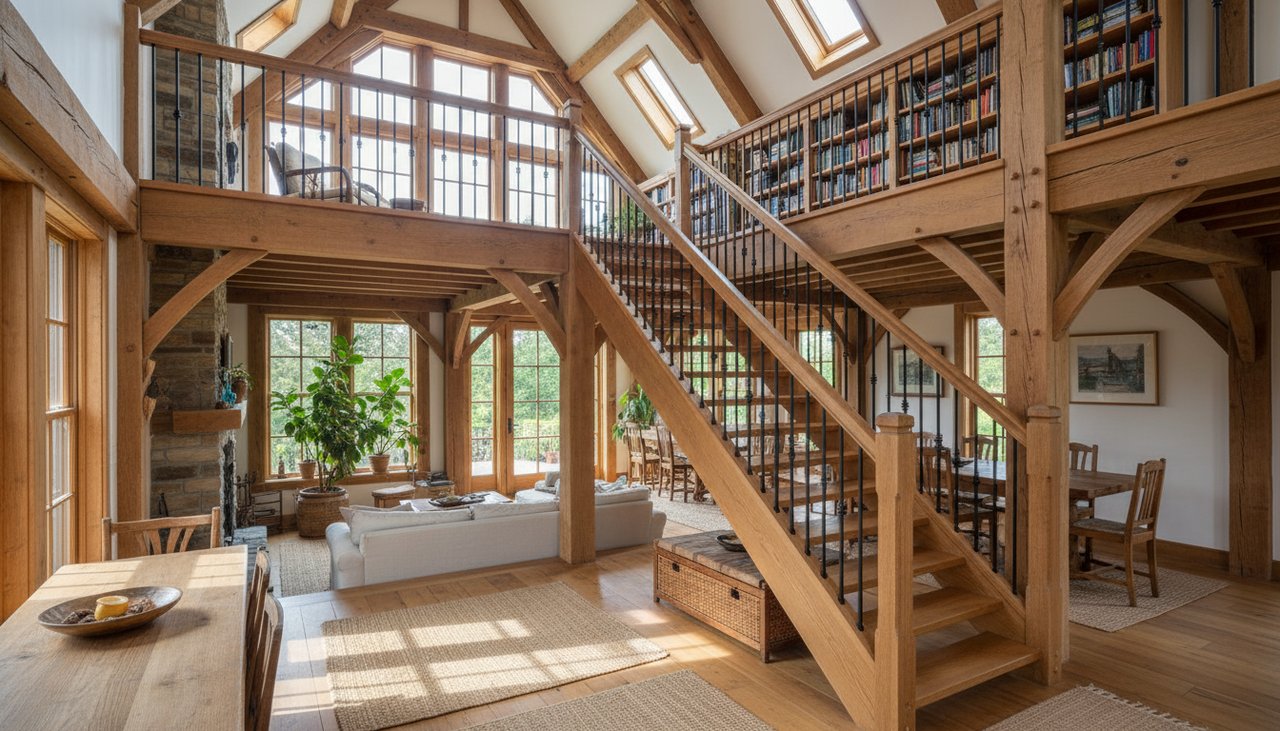 Intérieur d'une maison bois R+1, escalier en bois massif avec vue sur mezzanine