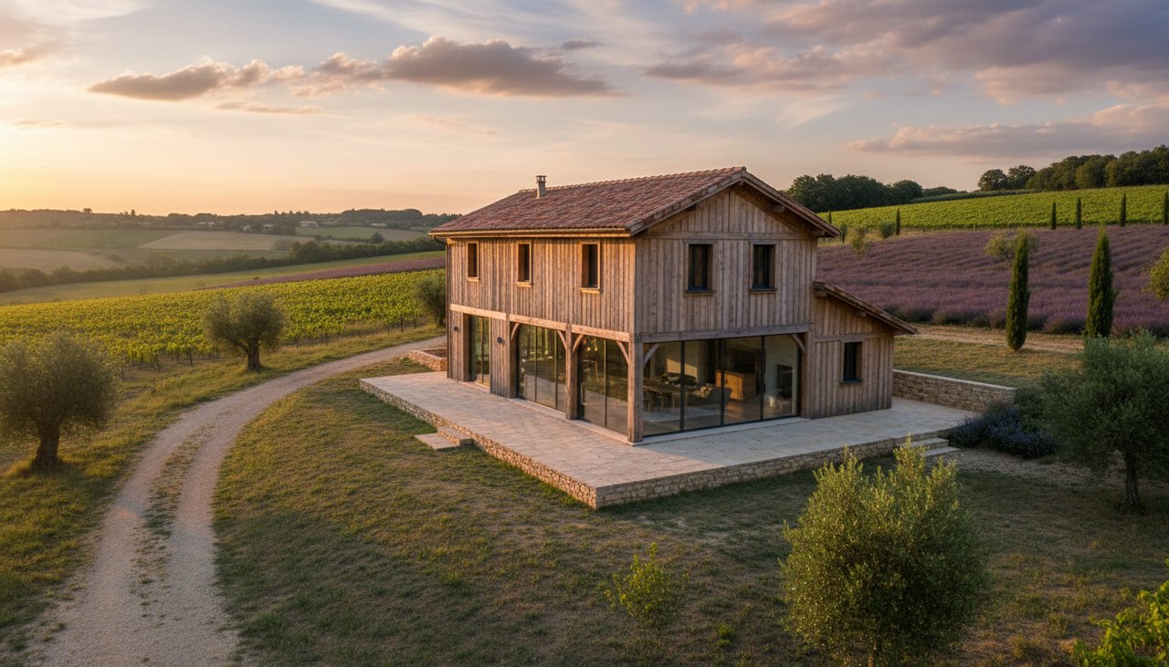 Maison ossature bois à étage R+1 avec bardage bois naturel et grande terrasse
