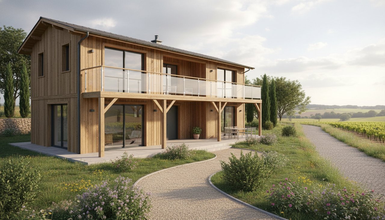 Belle maison en bois R+1 contemporaine avec étage et bardage bois, jardin paysagé, vue extérieure