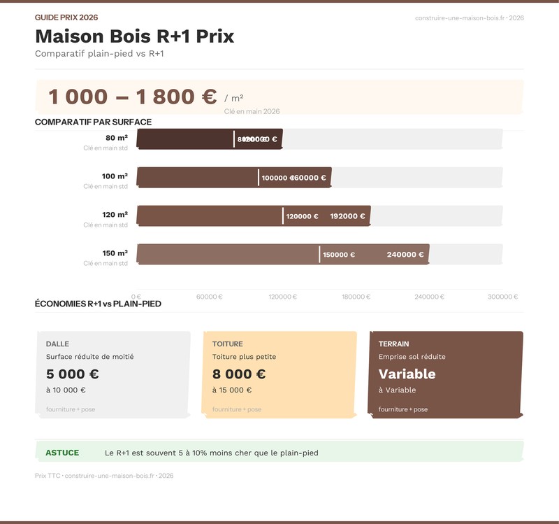 Infographie : Comparatif prix maison bois plain-pied vs R+1 2026