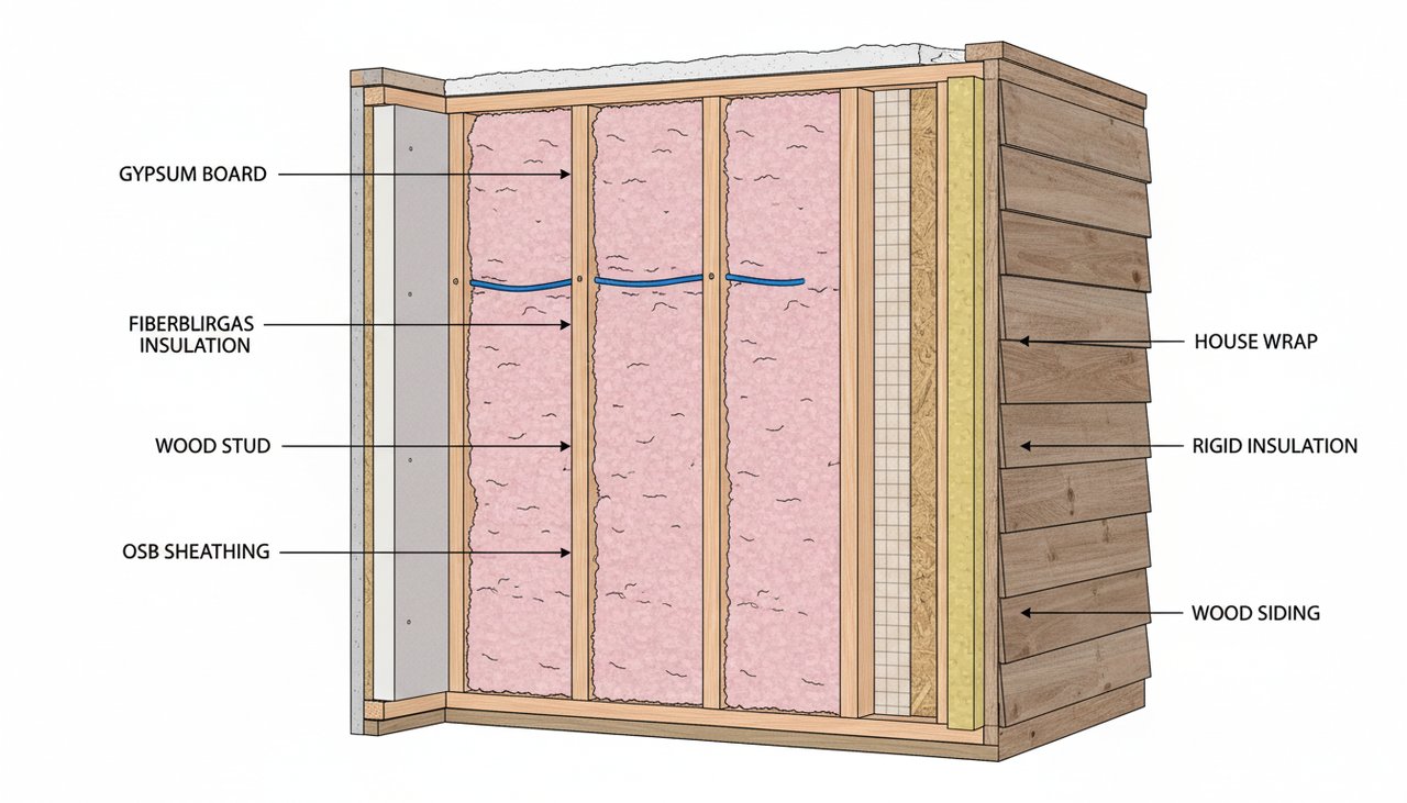 Schema d'une maison ossature bois isolee avec couches de fibre de bois et pare-pluie