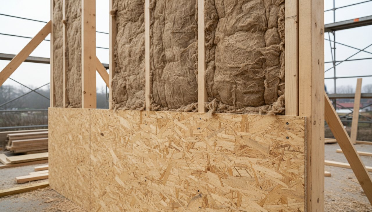 Detail de paroi ossature bois isolee laine de bois entre montants 220mm