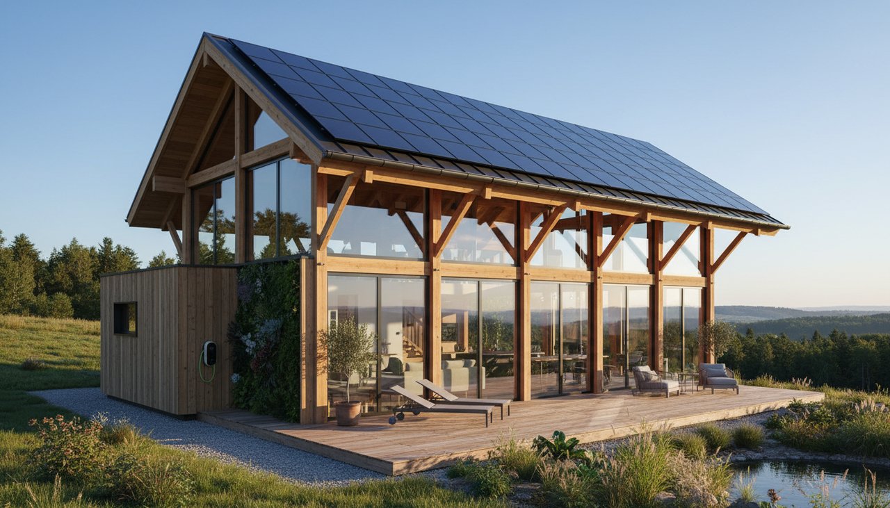 Maison ossature bois neuve avec panneaux photovoltaiques en toiture conforme RE 2020