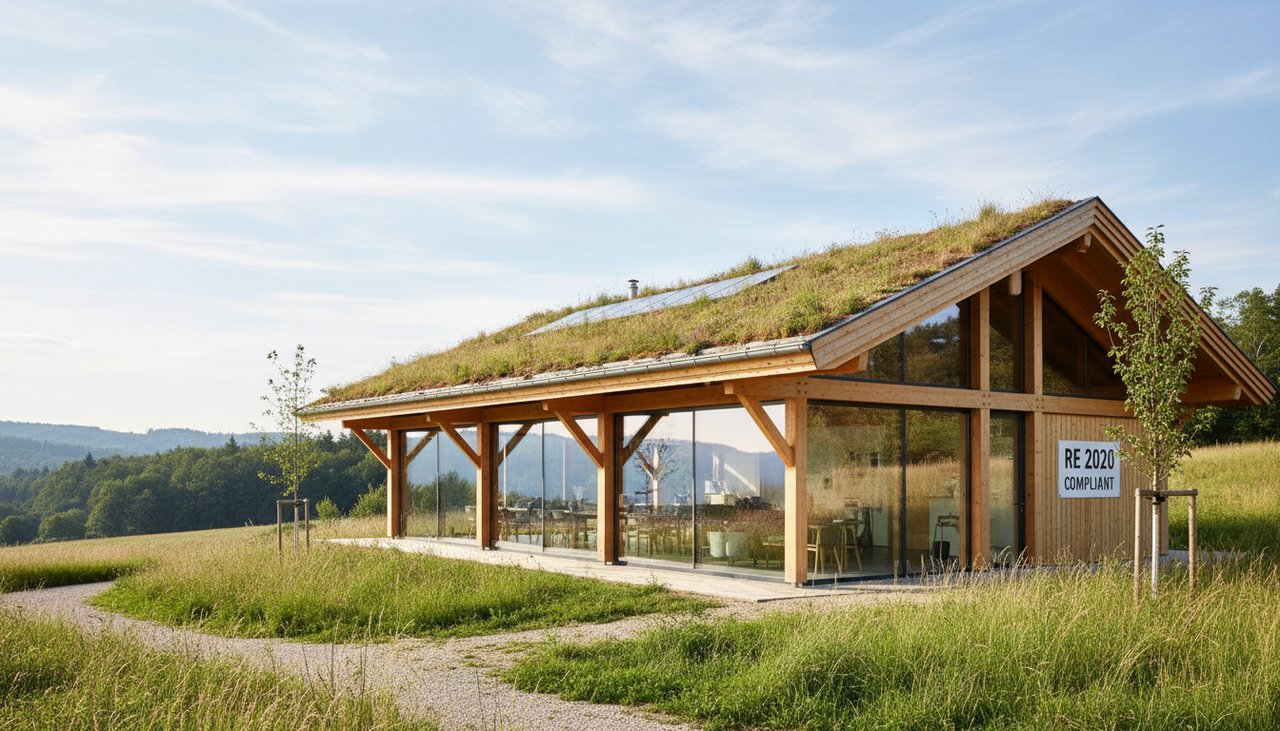 Maison ossature bois moderne RE 2020 avec grandes baies vitrees et toit vegetalise