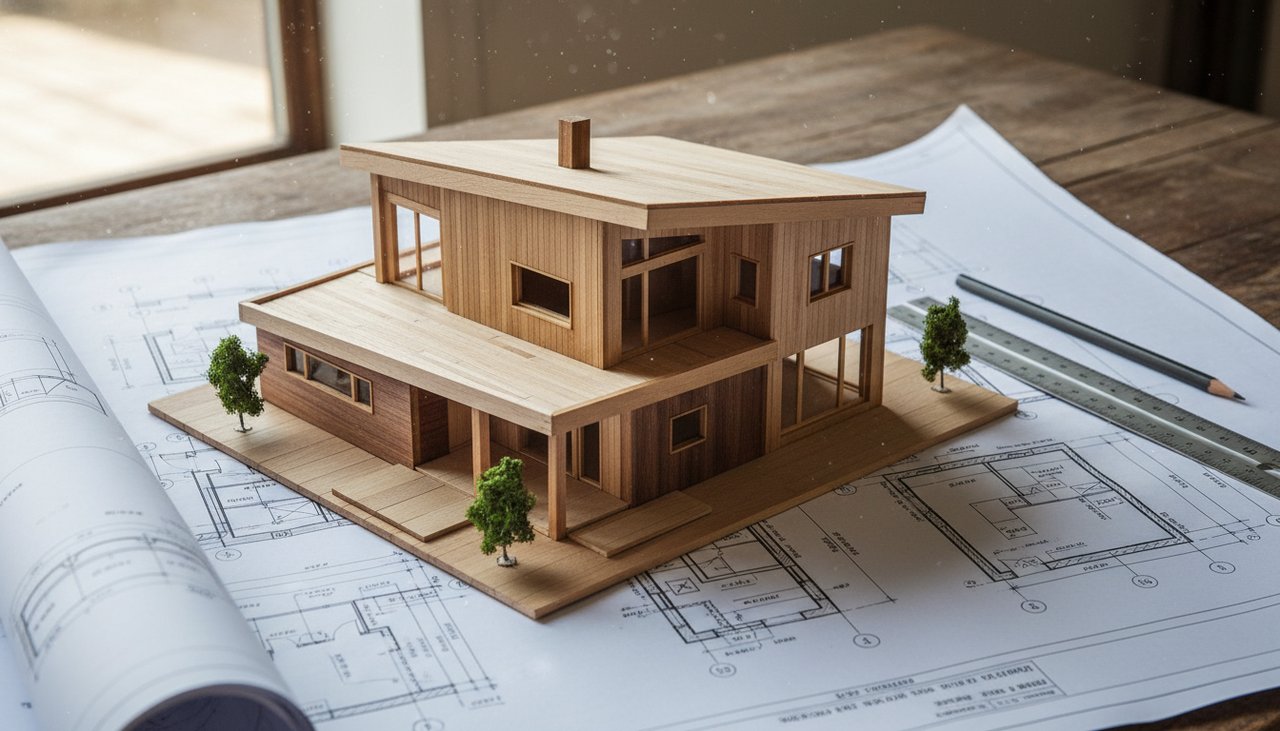Maquette de maison ossature bois posée sur un plan de construction technique