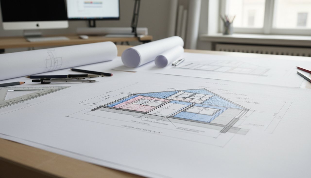 Plans techniques de maison ossature bois avec coupes verticales et façades détaillées