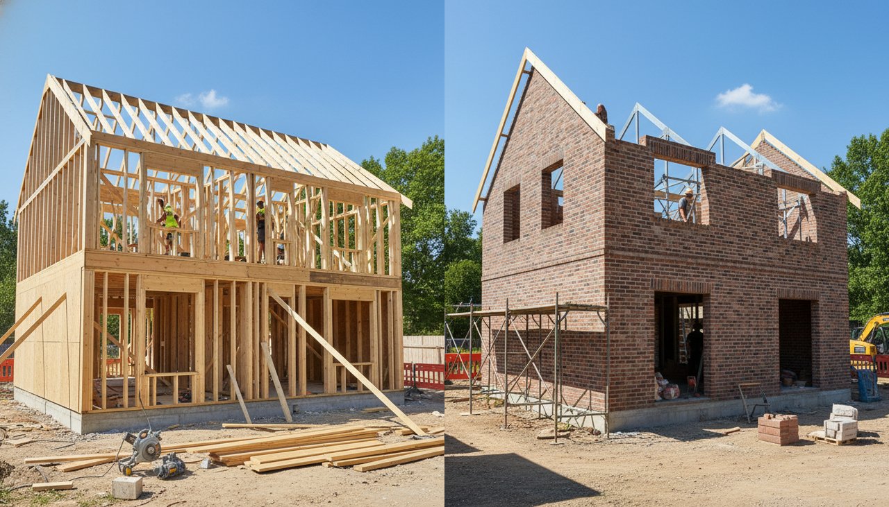 Comparaison côte à côte entre construction maison ossature bois et maison maçonnée traditionnelle en chantier