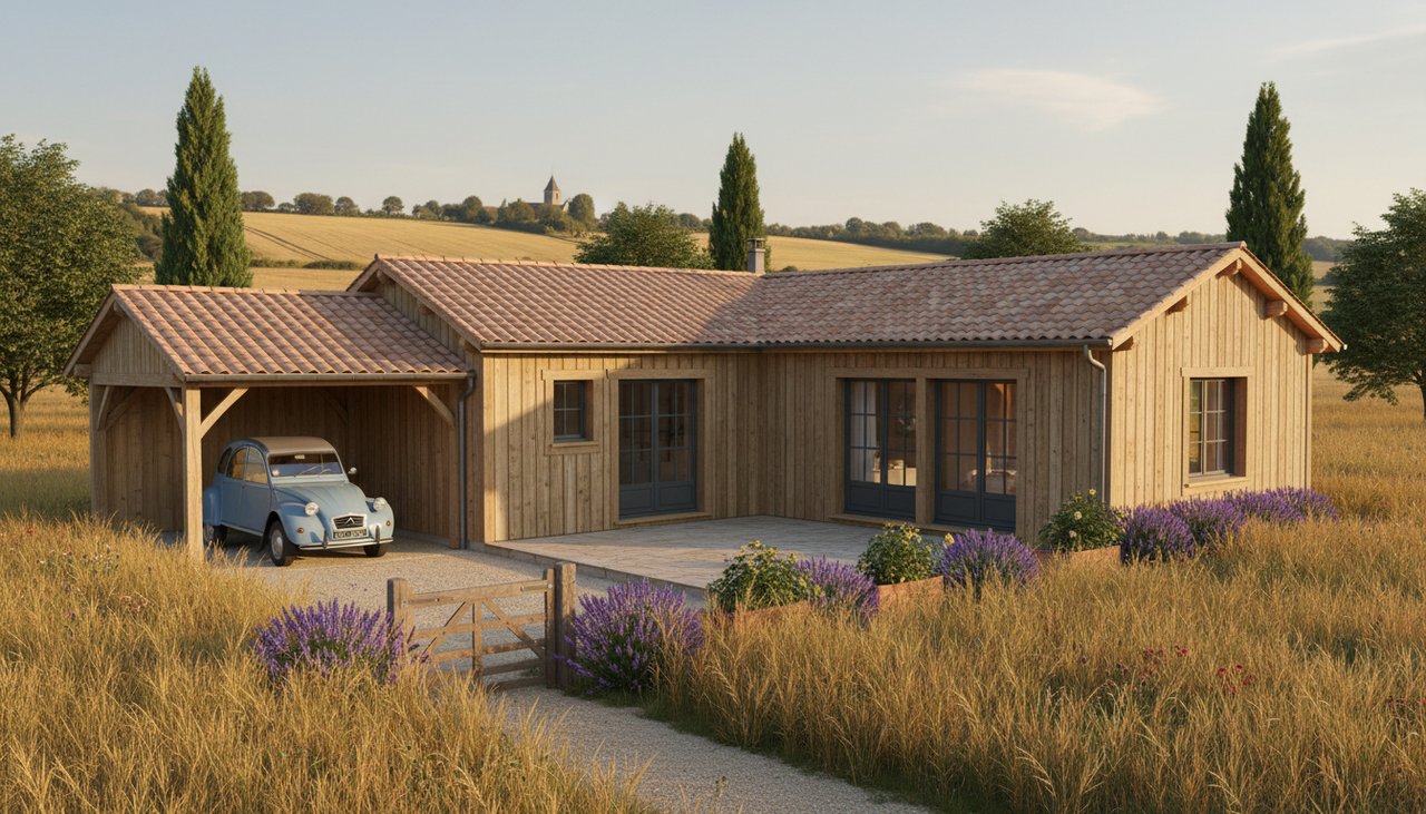 Vue 3D d'une maison ossature bois plain-pied 3 chambres avec carport