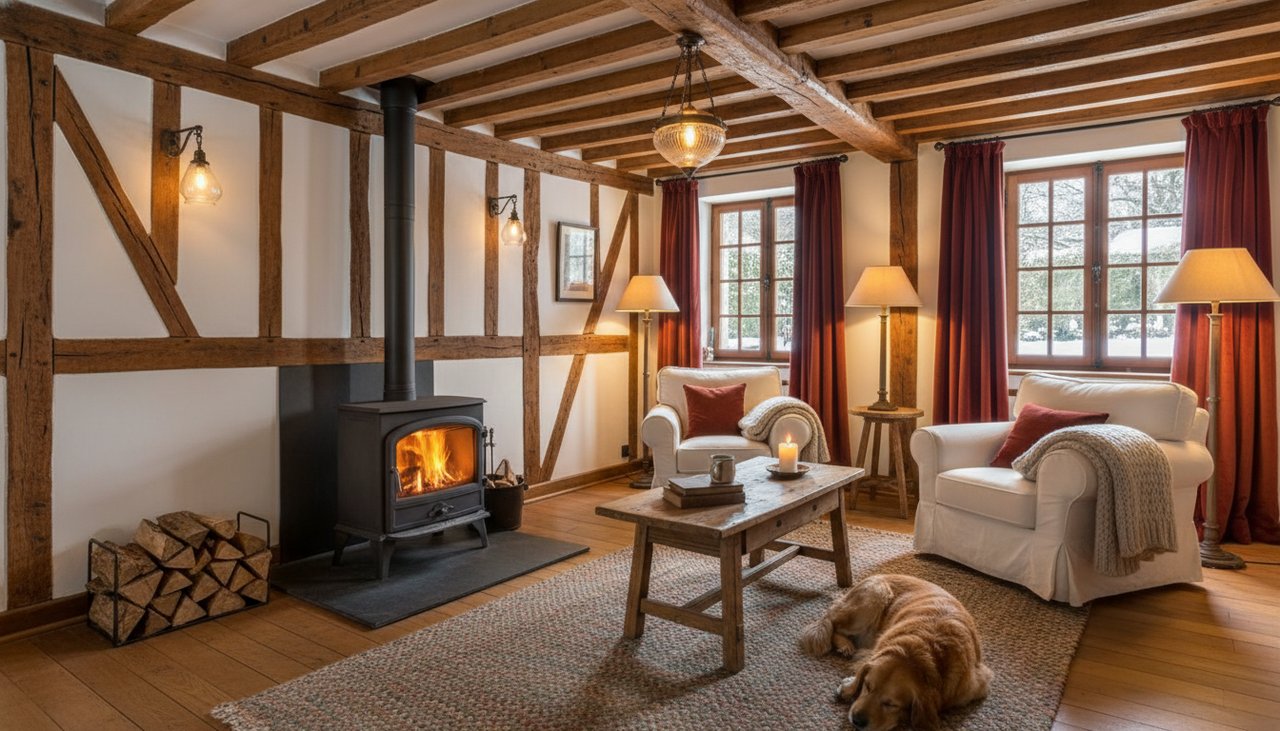 Salon avec poêle à bois dans une maison ossature bois 3 chambres