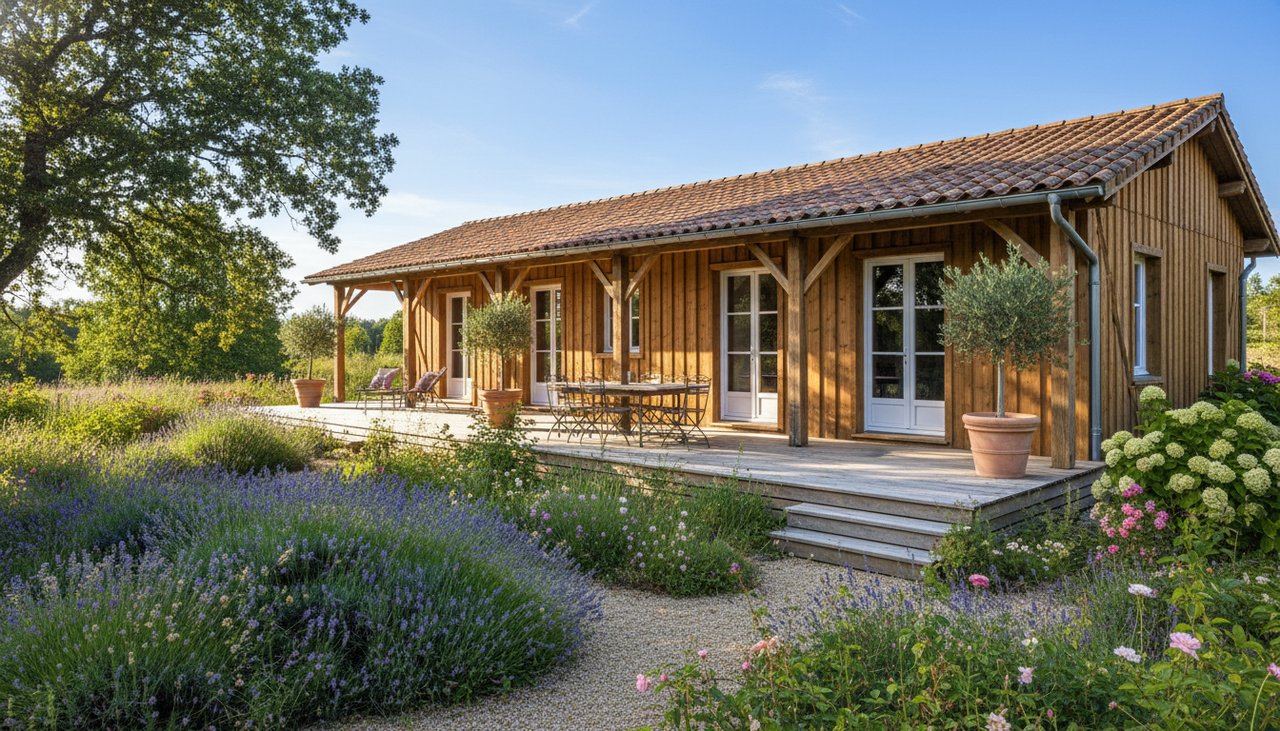 Plan architecte maison ossature bois 3 chambres avec terrasse