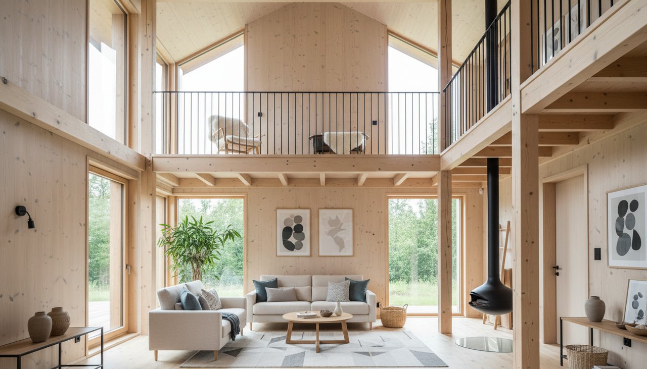 Salon double hauteur dans une maison ossature bois moderne avec mezzanine