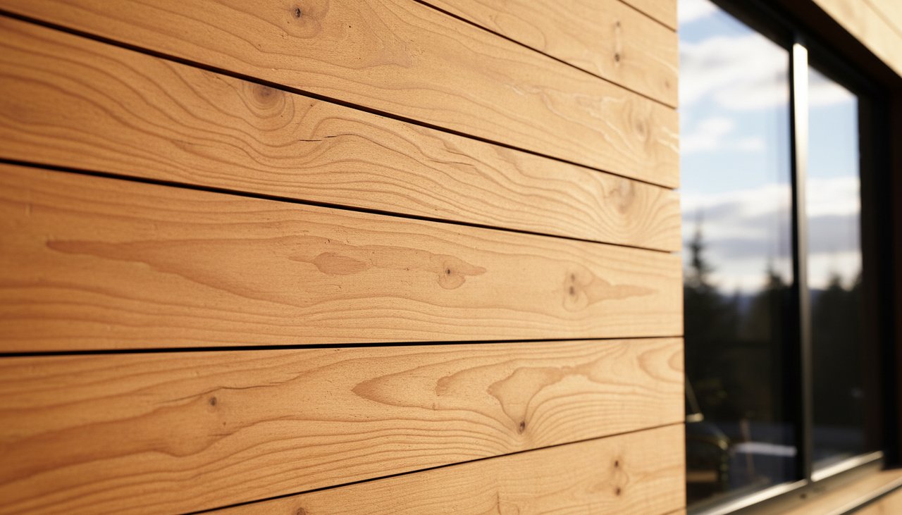 Gros plan sur des lames de bardage en douglas posées en clin horizontal avec finition lasurée naturelle