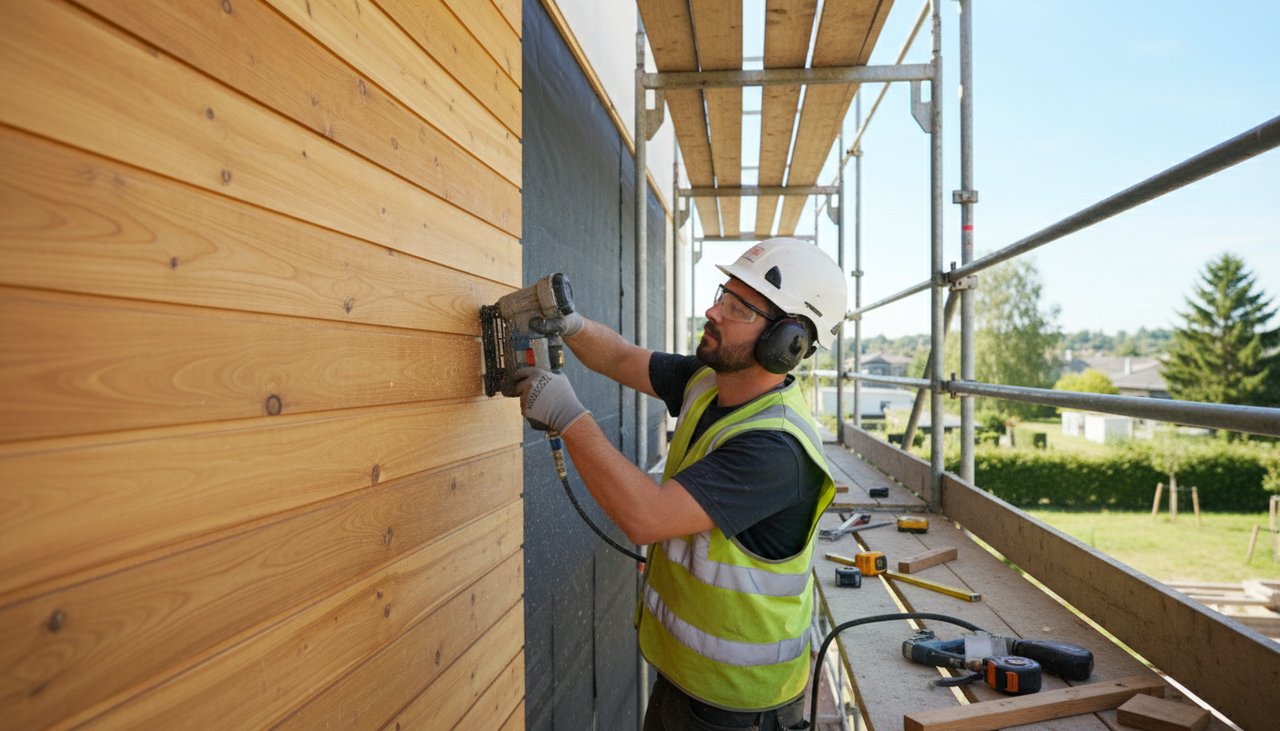 Artisan charpentier fixant des lames de bardage en mélèze sur une façade avec un cloueur pneumatique