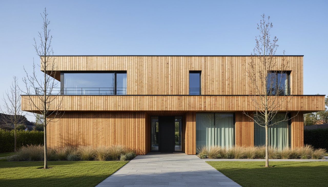 Maison en ossature bois avec bardage en mélèze naturel posé en pose verticale sous un ciel bleu