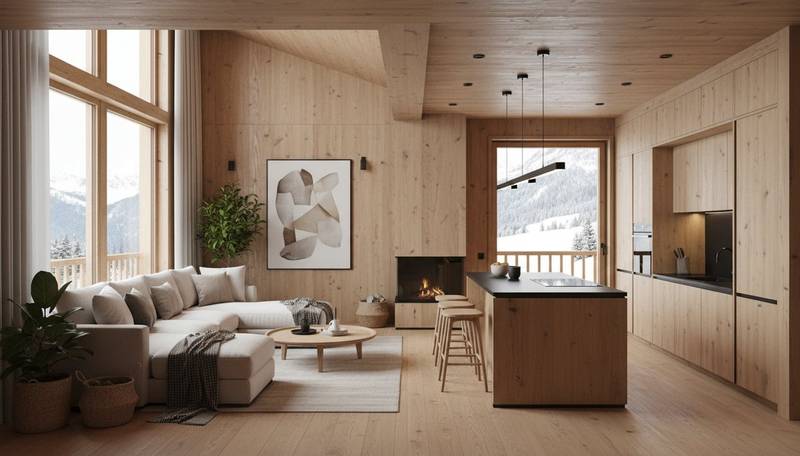 Intérieur aménagé d'un chalet bois moderne avec cuisine ouverte