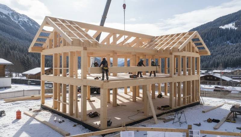 Chalet bois en construction montrant la structure ossature