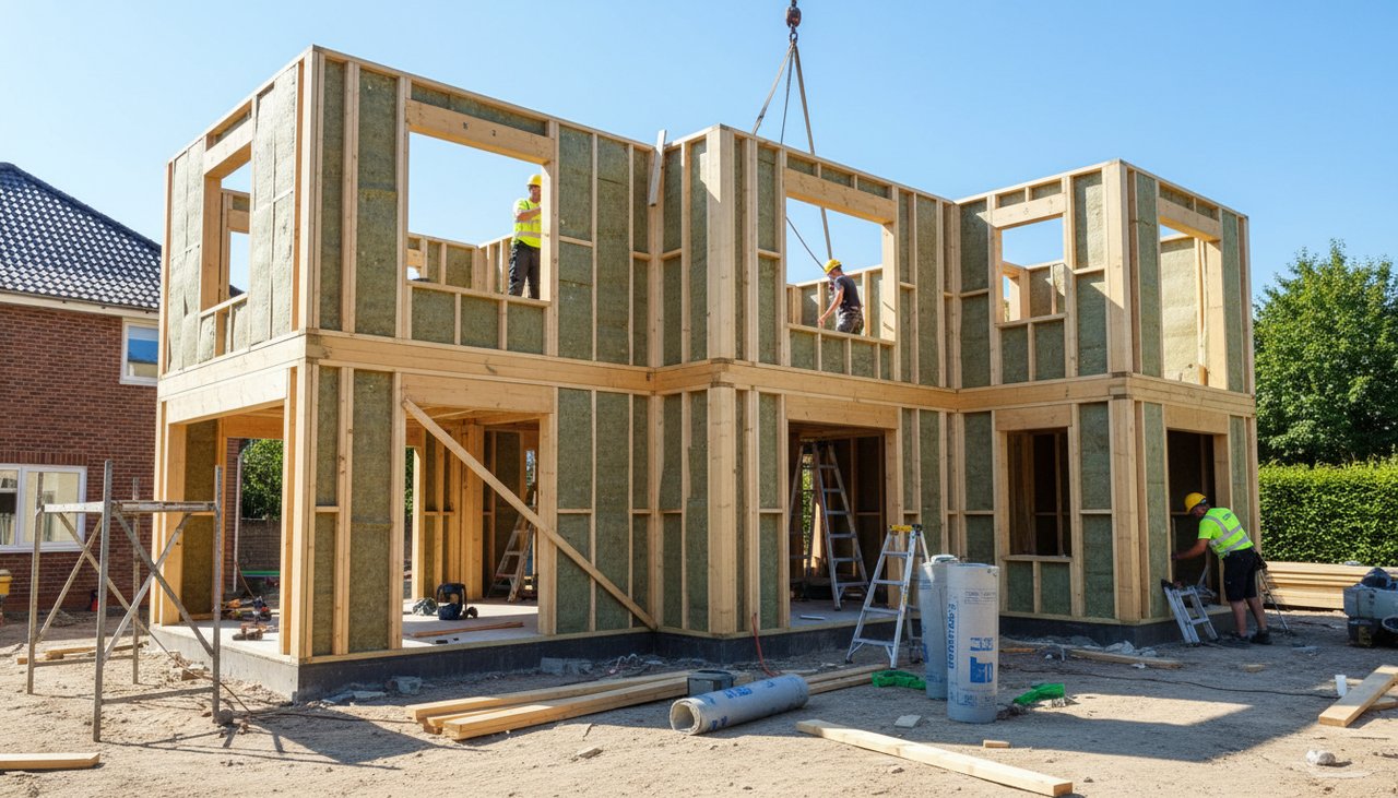 Chantier d'extension en ossature bois avec charpente visible et isolant posé