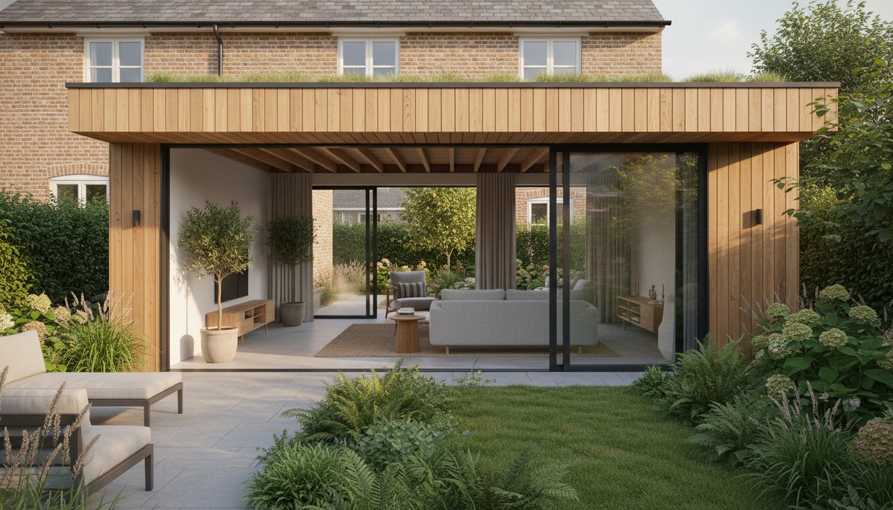 Extension bois terminée avec grande baie vitrée donnant sur un jardin verdoyant