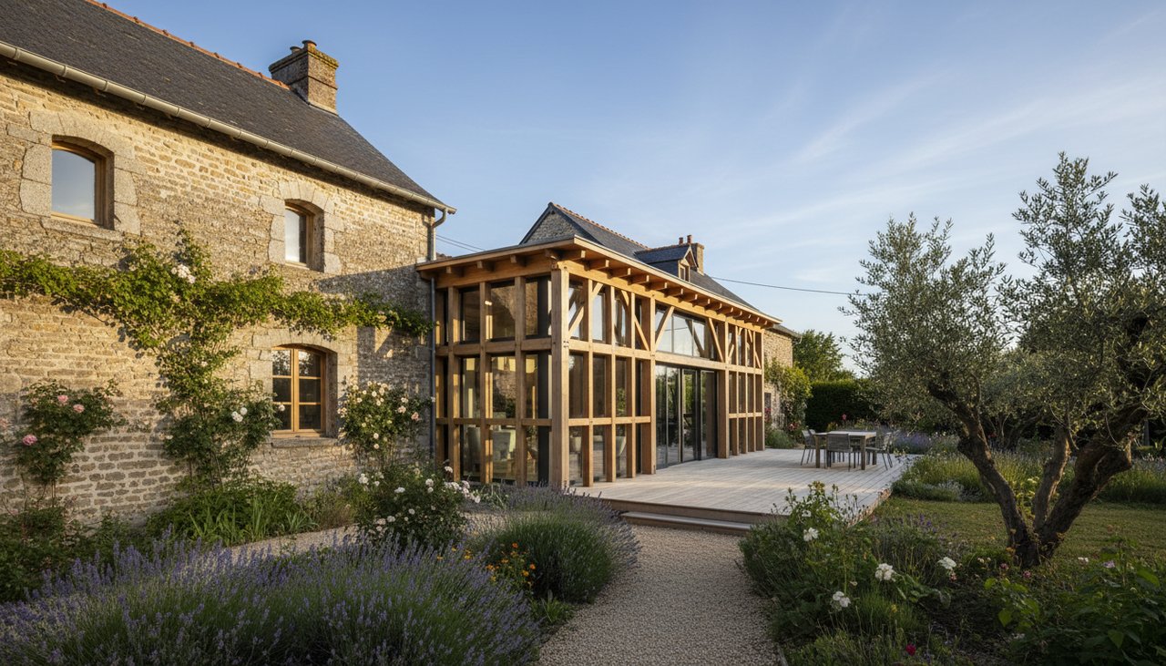 Extension en ossature bois moderne accolée à une maison traditionnelle française