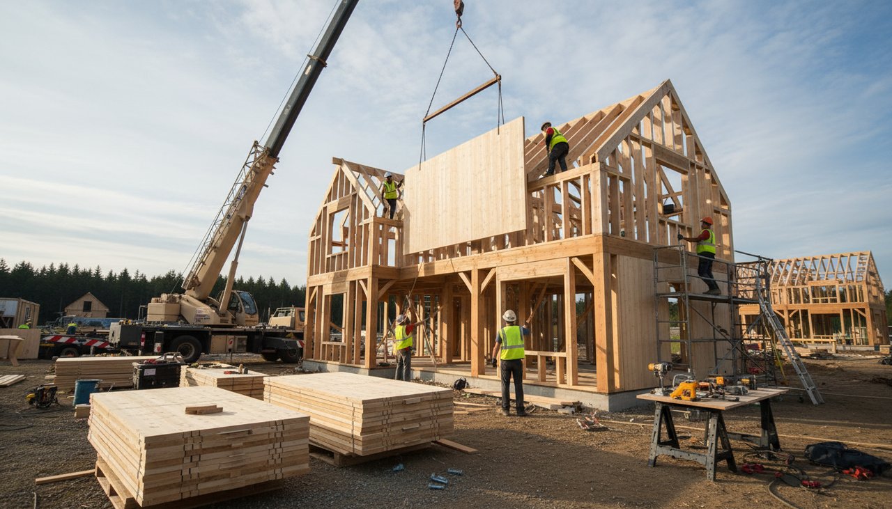 Chantier de construction ossature bois, montage des murs avec levée de charpente