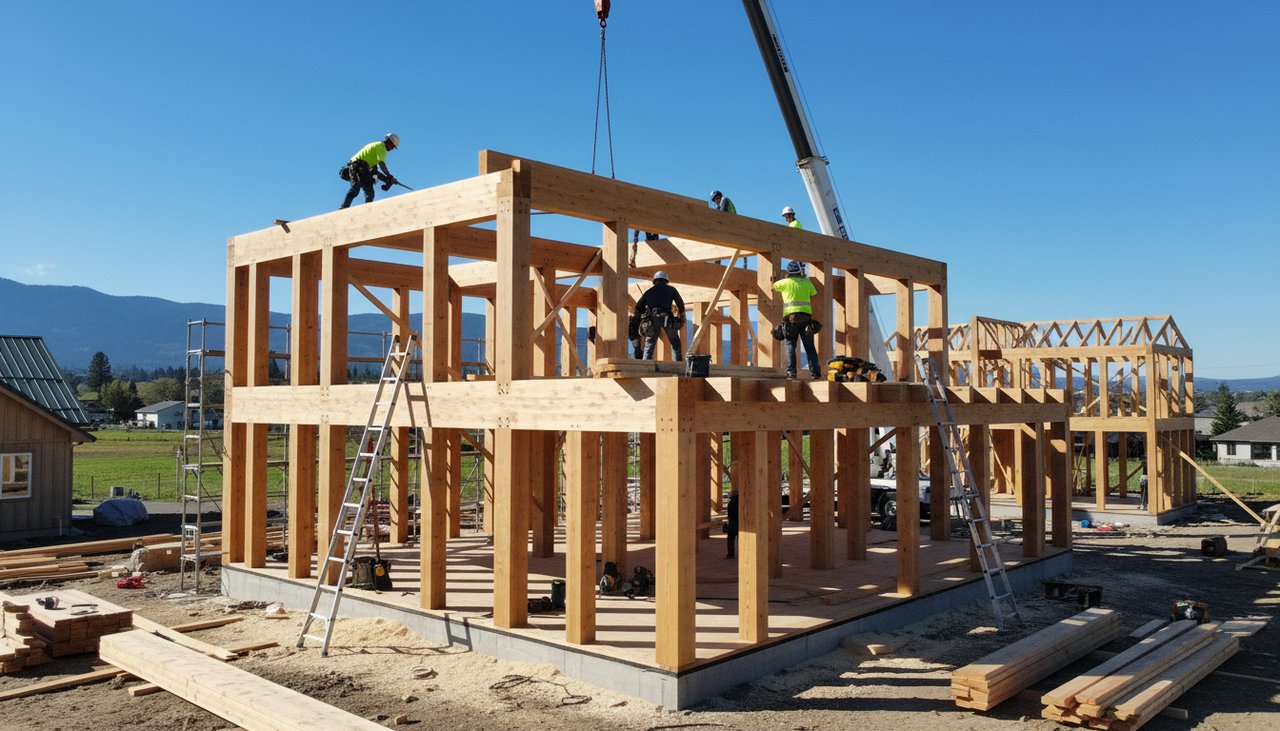 Intérieur lumineux d'une maison en ossature bois 120m2, poutres apparentes et parquet bois massif