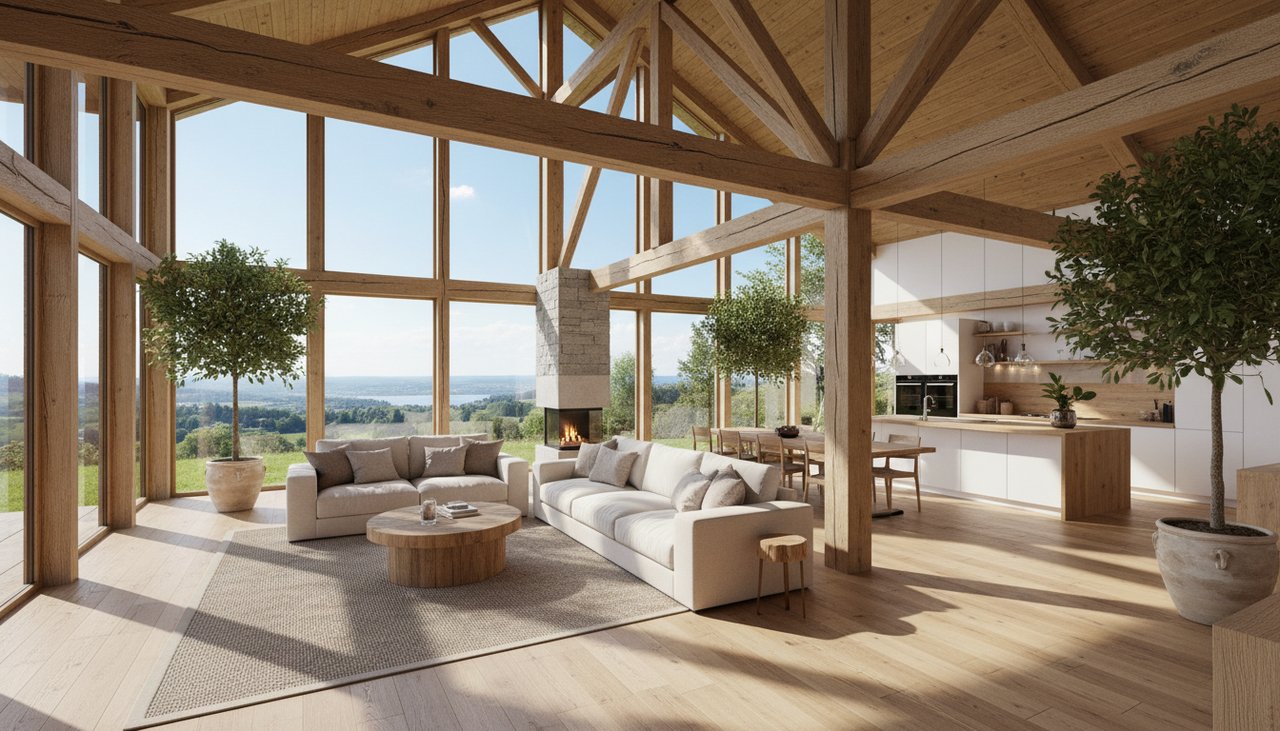 Intérieur d'une maison ossature bois 120m2, salon lumineux avec poutraison apparente