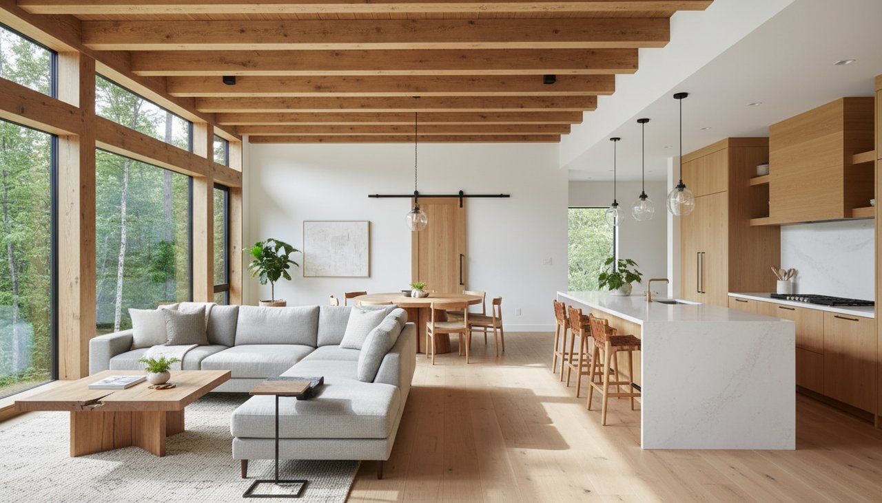 Chantier de construction d'une maison ossature bois en cours, charpentiers assemblant la structure