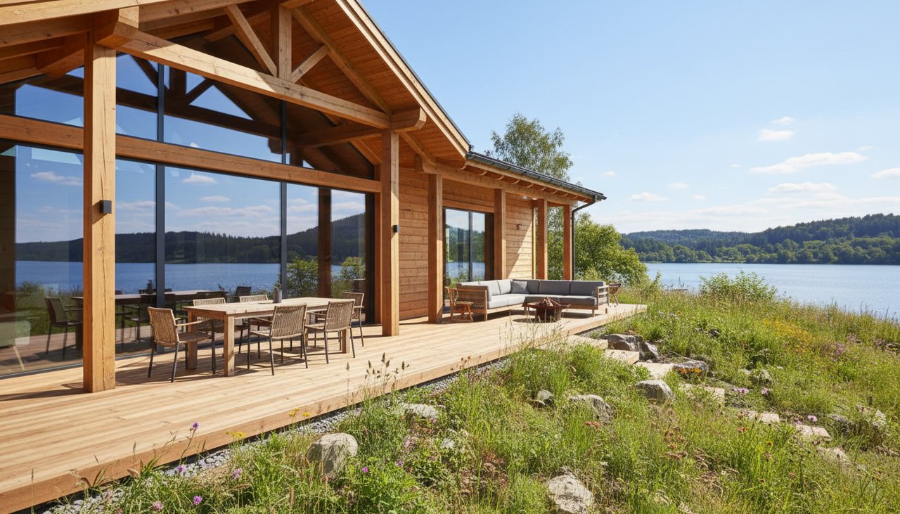 Maison ossature bois moderne de 120m2 avec grande terrasse en bois