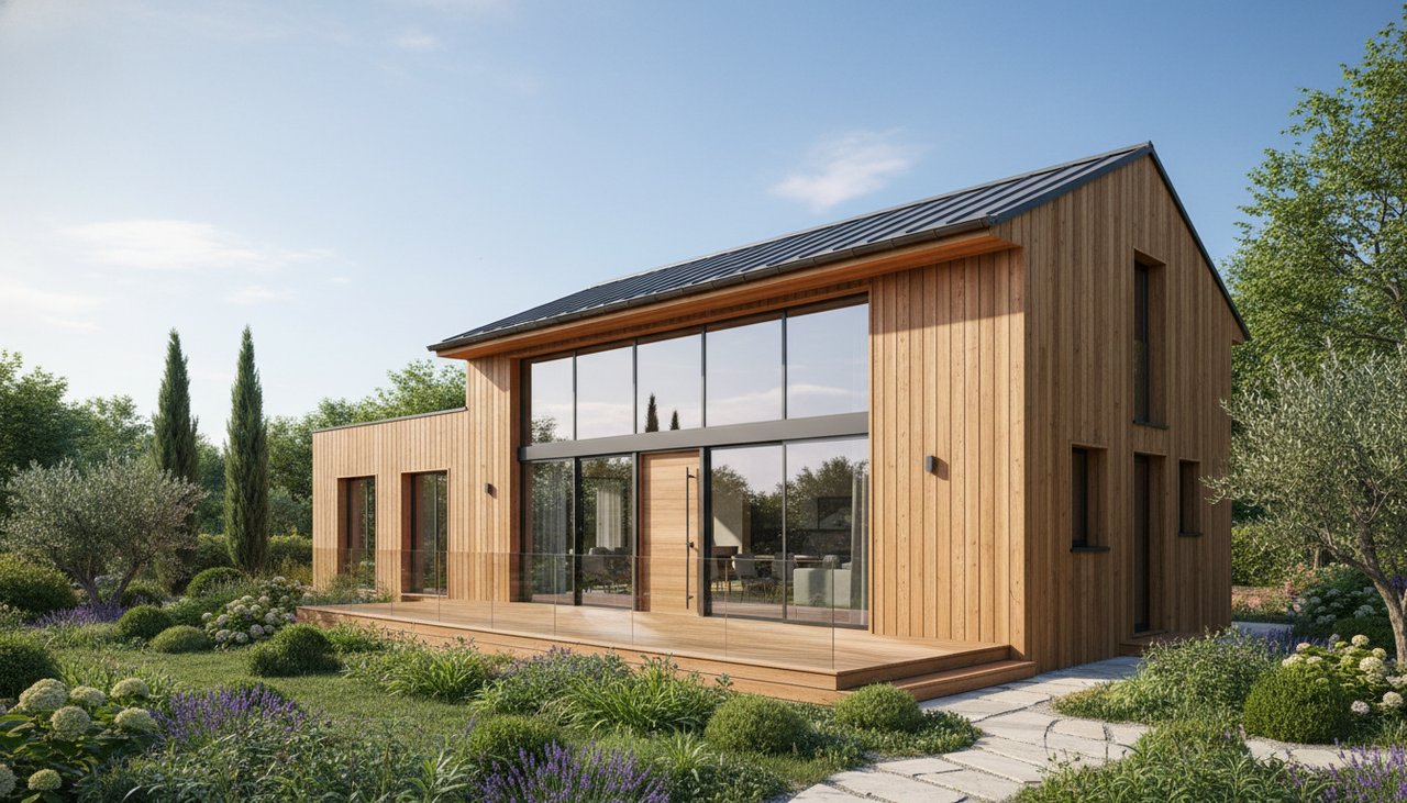 Maison contemporaine en ossature bois de 120 m² avec bardage bois naturel et grandes baies vitrées, vue extérieure