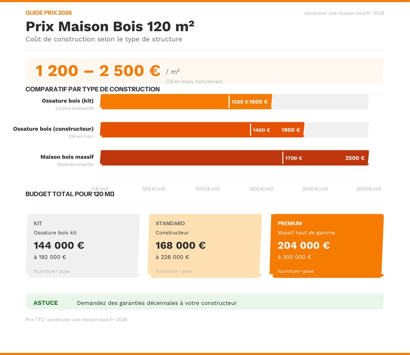 Infographie prix maison bois 120m2 selon le type de construction, comparatif 2026