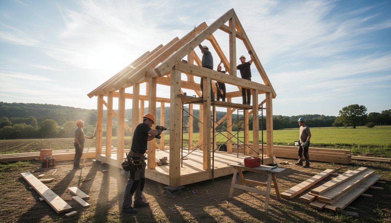 Chantier ossature bois d'une maison 60m² lors du montage de la structure