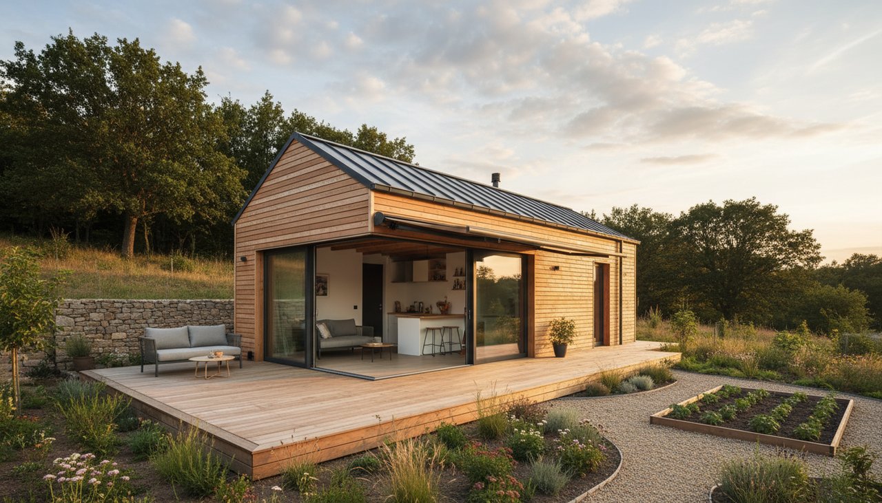 Maison bois 60m² ossature bois moderne avec terrasse en bois et jardin