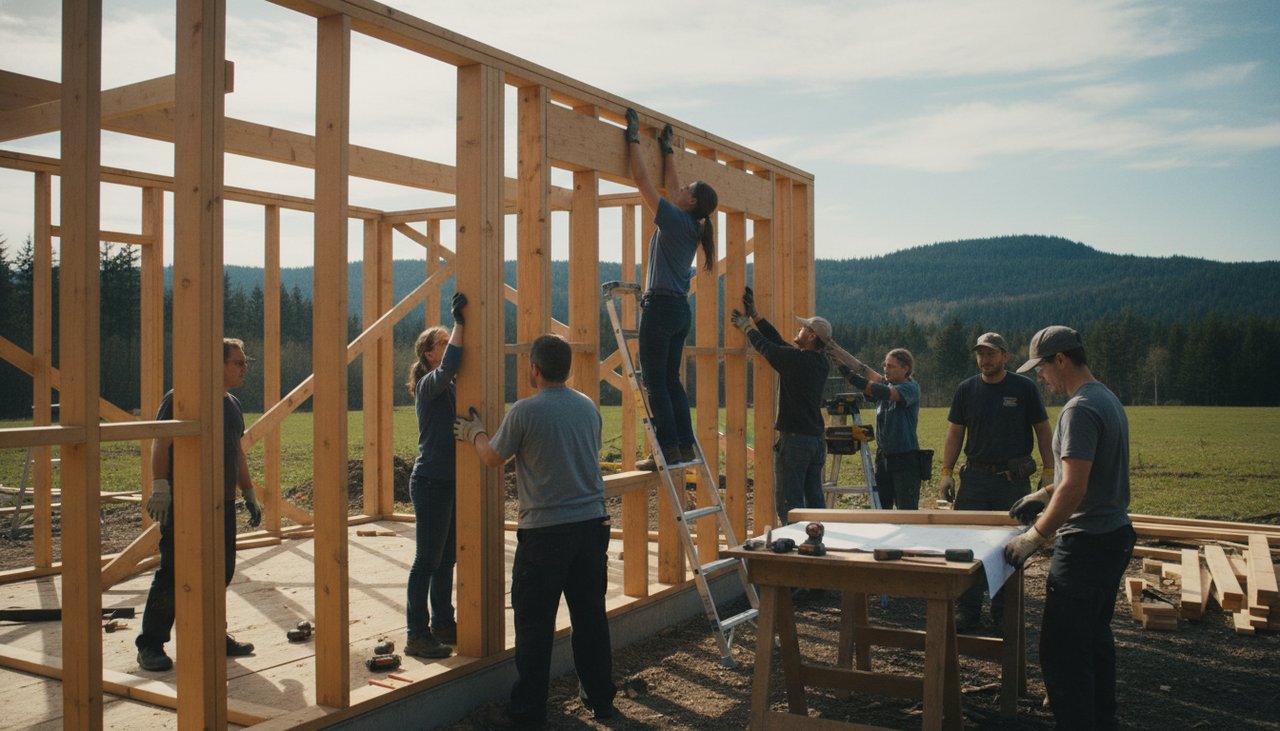 Maison bois en autoconstruction avec équipe de bénévoles