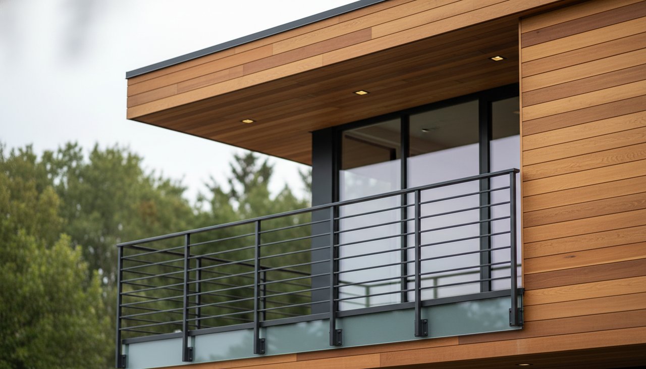 Détail architecture maison bois contemporaine : toiture terrasse et garde-corps métallique