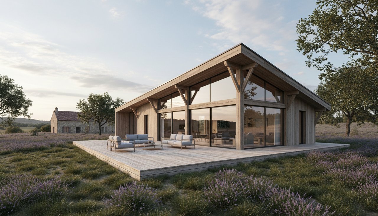 Maison bois contemporaine avec grandes baies vitrées et terrasse en bois, architecture moderne
