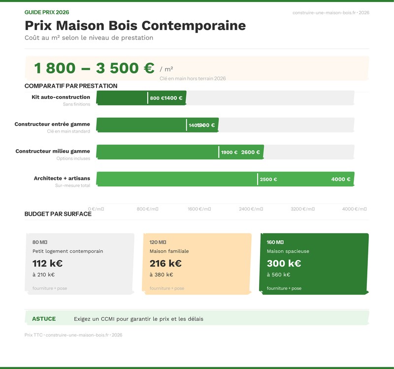 Infographie prix maison bois contemporaine par niveau de prestation 2026