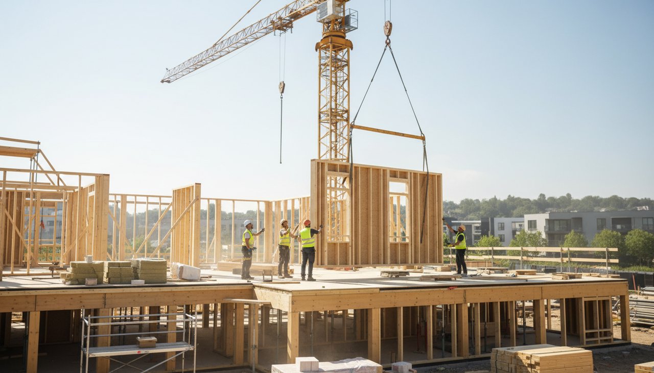 Chantier ossature bois 150m² avec murs préfabriqués en cours de levage
