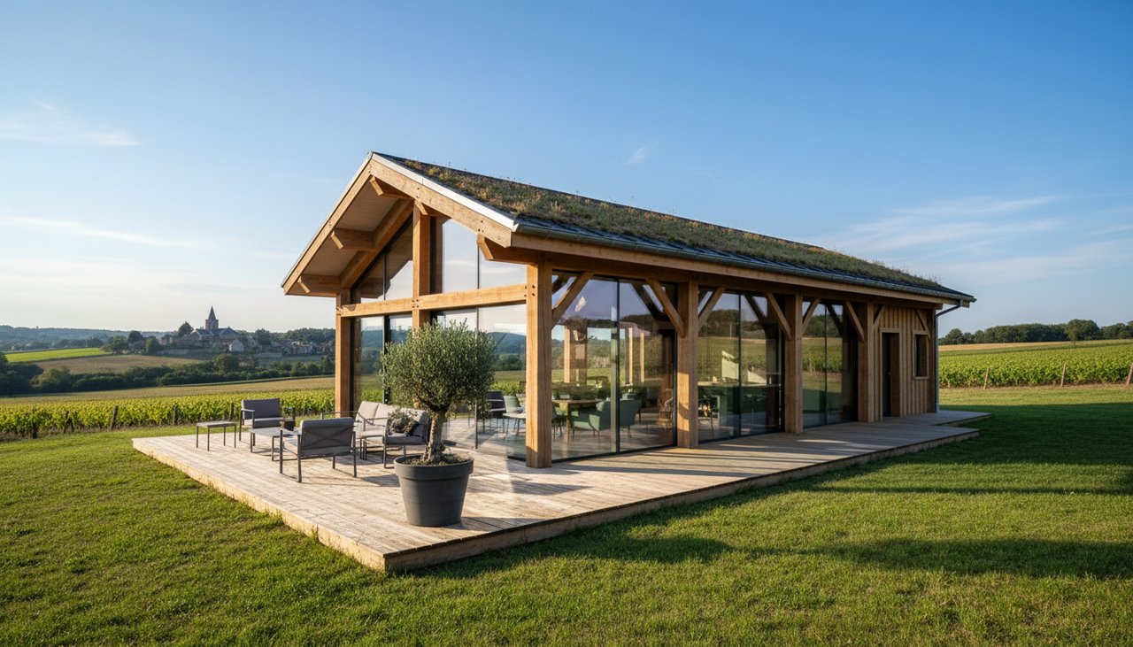 Maison contemporaine à ossature bois de 150m² avec grandes baies vitrées et terrasse