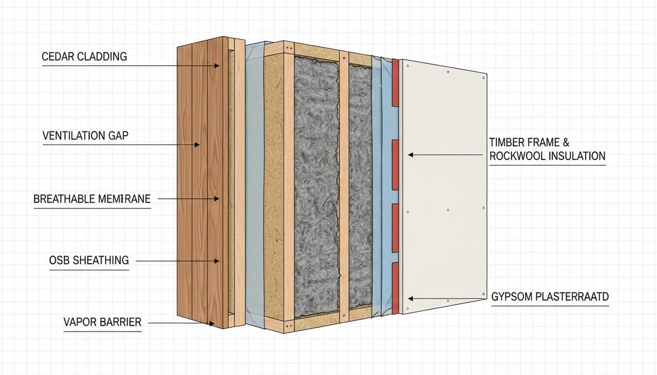 Coupe technique d une paroi en ossature bois montrant pare-vapeur isolation et bardage exterieur