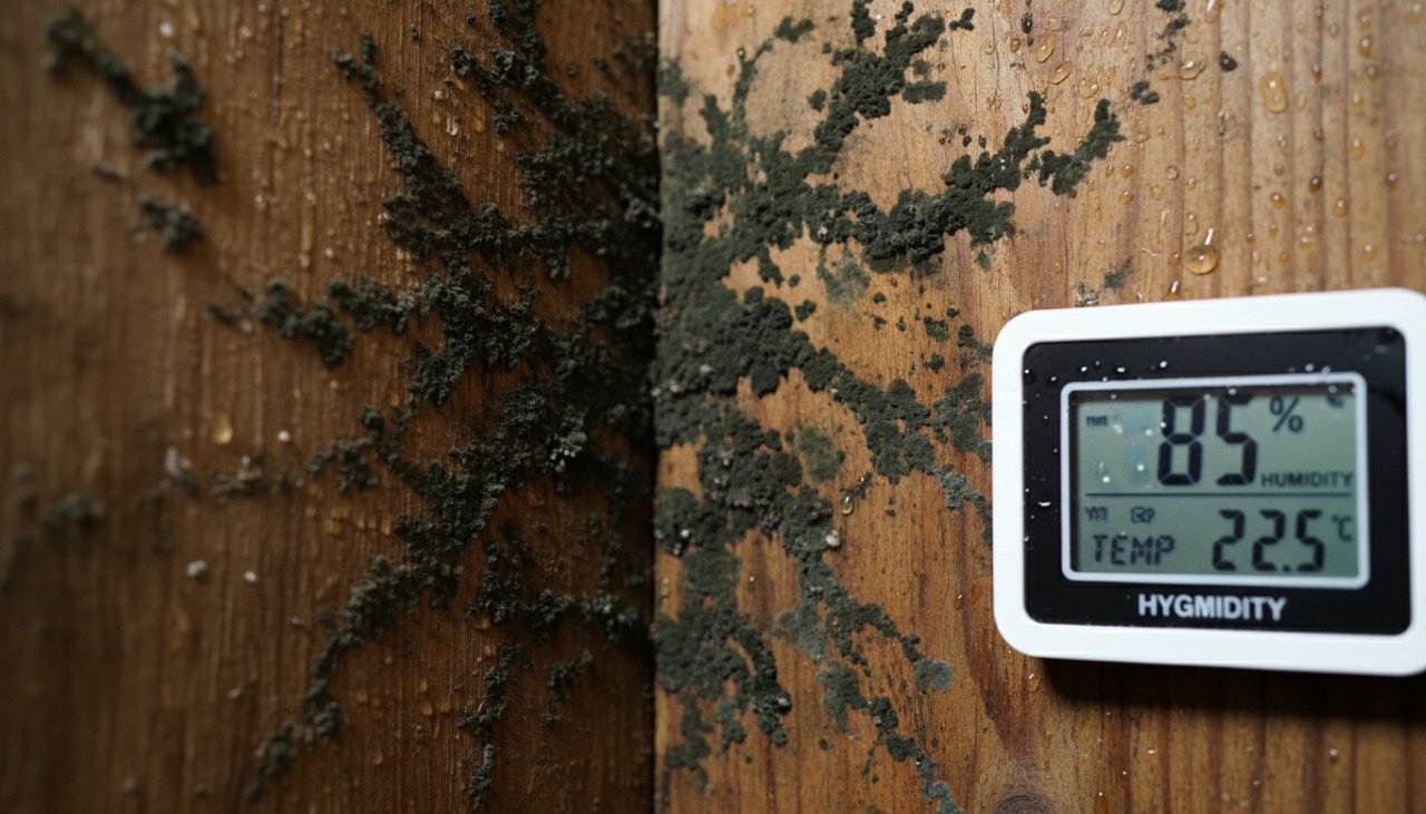 Hygrometre digital affichant un taux humidite eleve dans un coin de mur avec moisissures