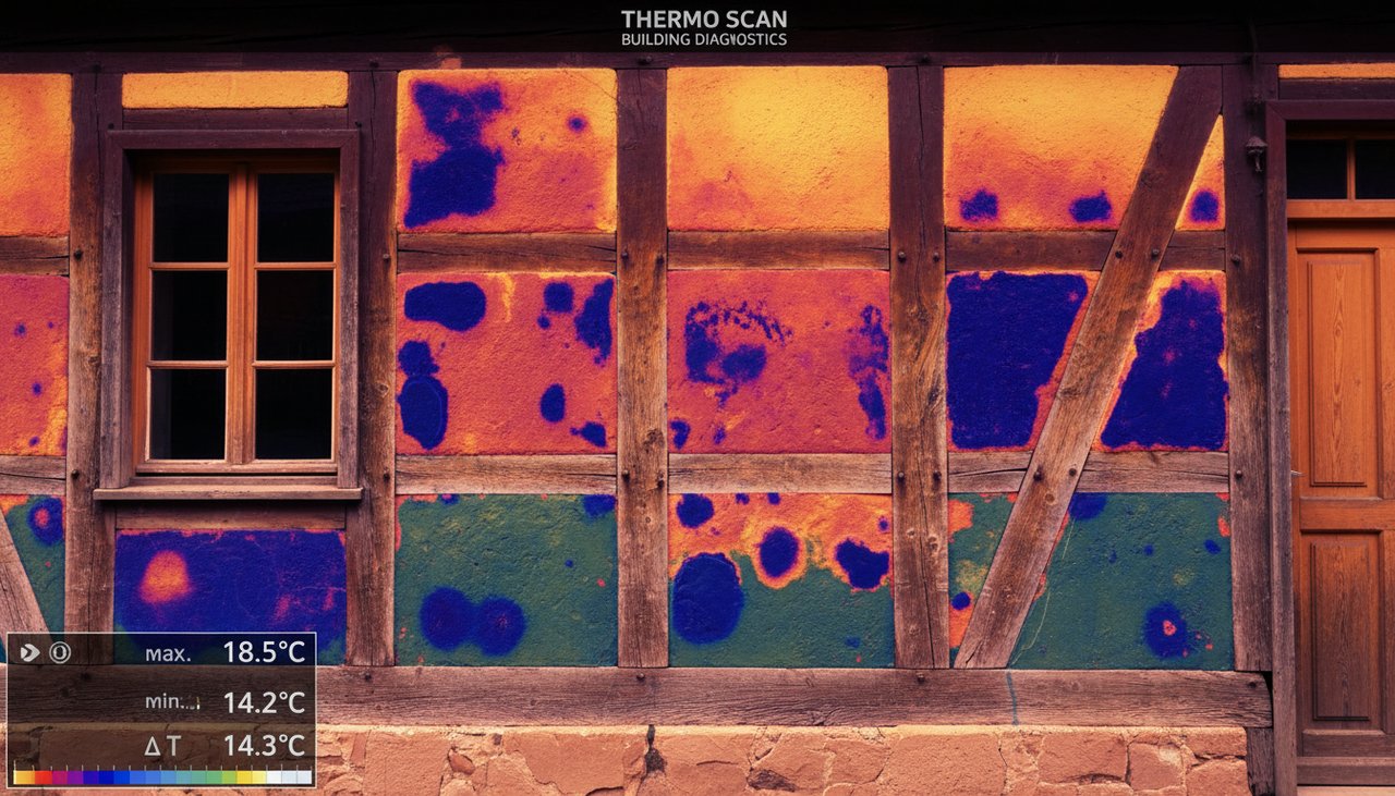 Inspection thermique d une paroi de maison ossature bois avec camera infrarouge revelant des points froids