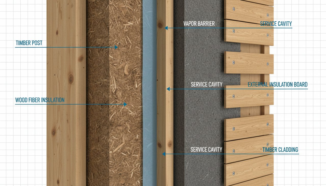 Schéma de construction d'une maison ossature bois avec isolation renforcée