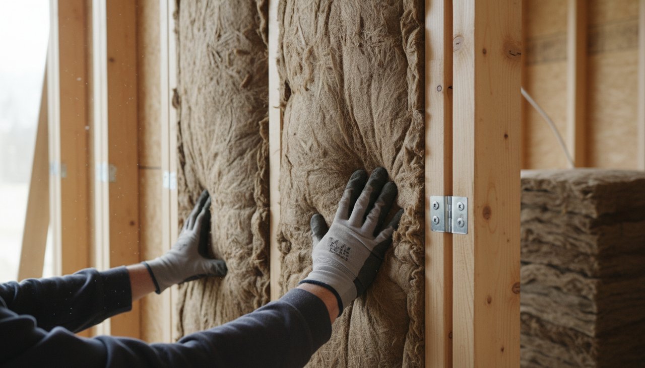 Gros plan sur l'isolation en laine de bois entre les montants d'une ossature bois
