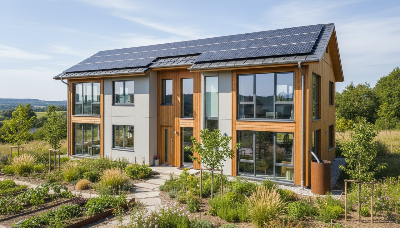 Maison moderne à ossature bois conforme RE 2020 avec panneaux solaires sur le toit