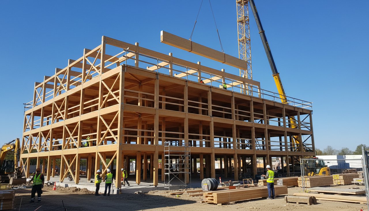 Chantier de surélévation ossature bois en cours