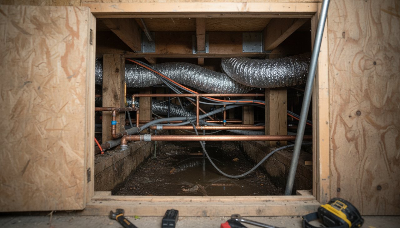 Ouverture dans un vide sanitaire avec vue sur les réseaux d'évacuation et adductions