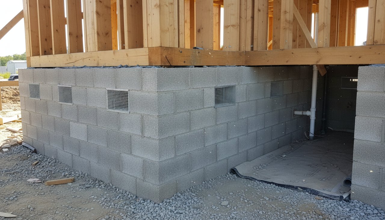 Murets en parpaings formant le soubassement d'un vide sanitaire pour maison bois